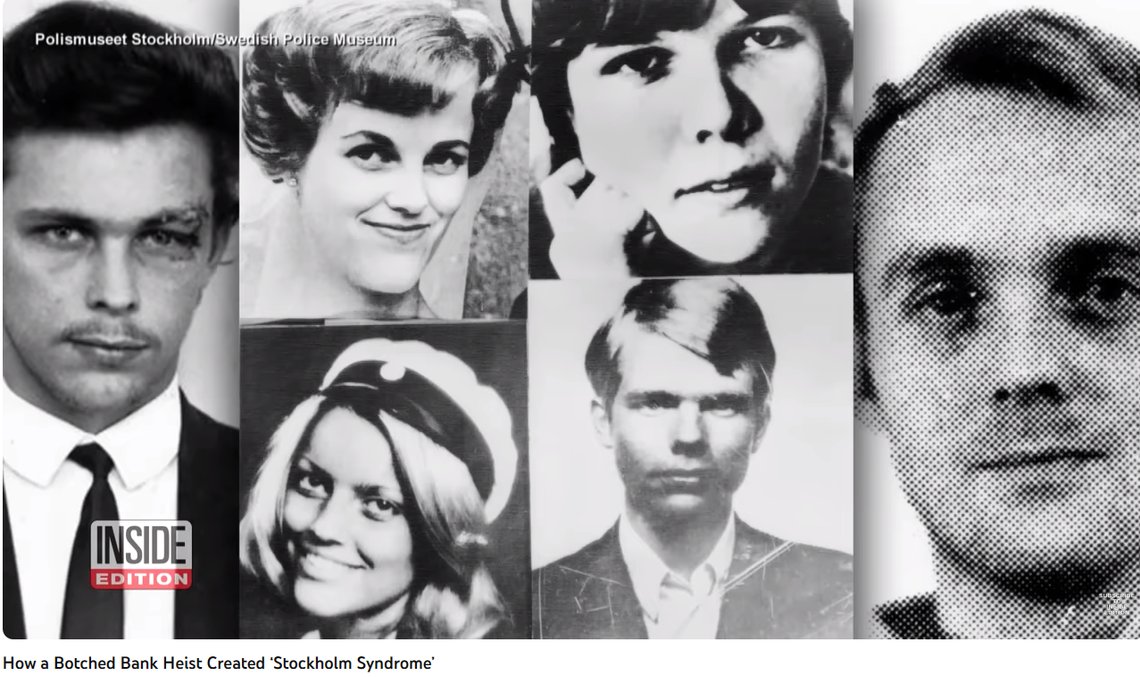 Foto: Skjermbilde YouTube, Inside Edition. Gisler: Birgitta Lundblad, Elisabeth Oldgren, Kristin Ehnmark og Sven Säfström. Gisseltagere: Jan-Erik Olsson og Clark Olofsson. Foto: Skjermbilde YouTube, Inside Edition. Gisler: Birgitta Lundblad, Elisabeth Oldgren, Kristin Ehnmark og Sven Säfström. Gisseltagere: Jan-Erik Olsson og Clark Olofsson.