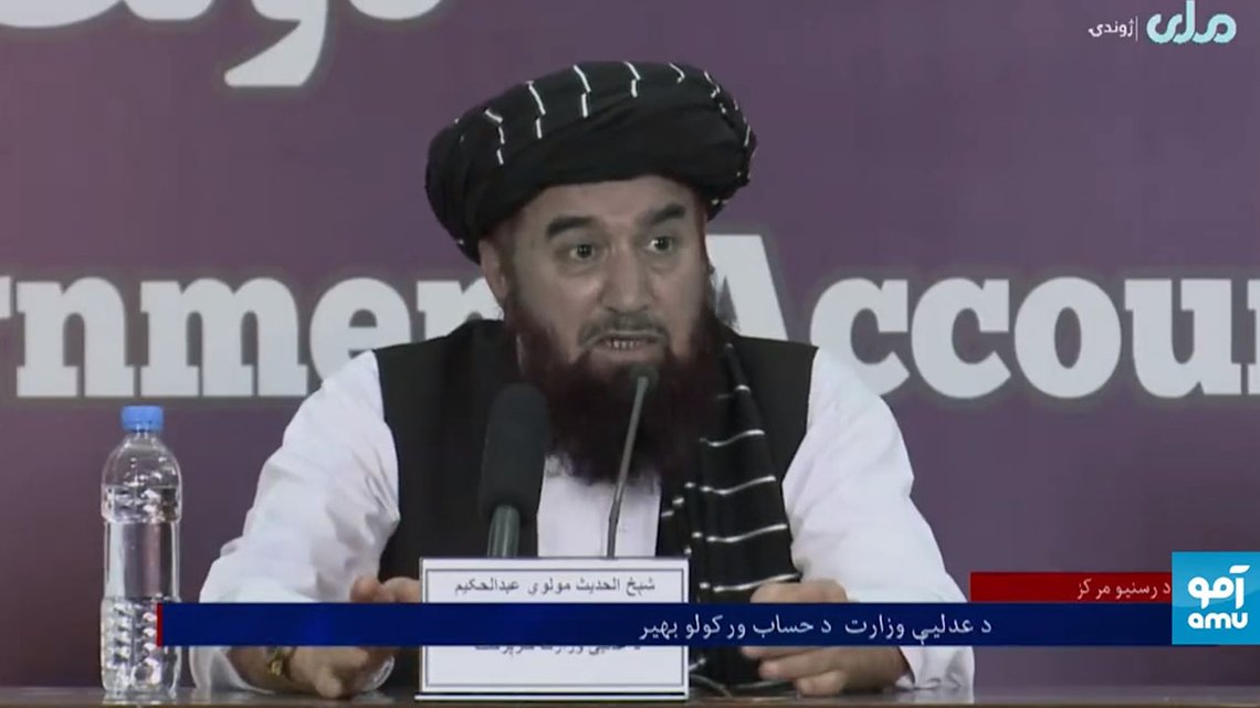 Talibans justisminister Abdul Hakim Sharaee. Videoklipp fra Twitter Talibans justisminister Abdul Hakim Sharaee. Videoklipp fra Twitter