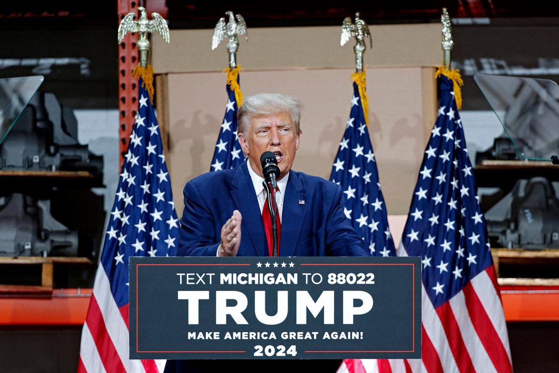 Former President Donald Trump speaks in Clinton Township, Mich., Wednesday, Sept. 27, 2023. (AP Photo/Mike Mulholland) Former President Donald Trump speaks in Clinton Township, Mich., Wednesday, Sept. 27, 2023. (AP Photo/Mike Mulholland)