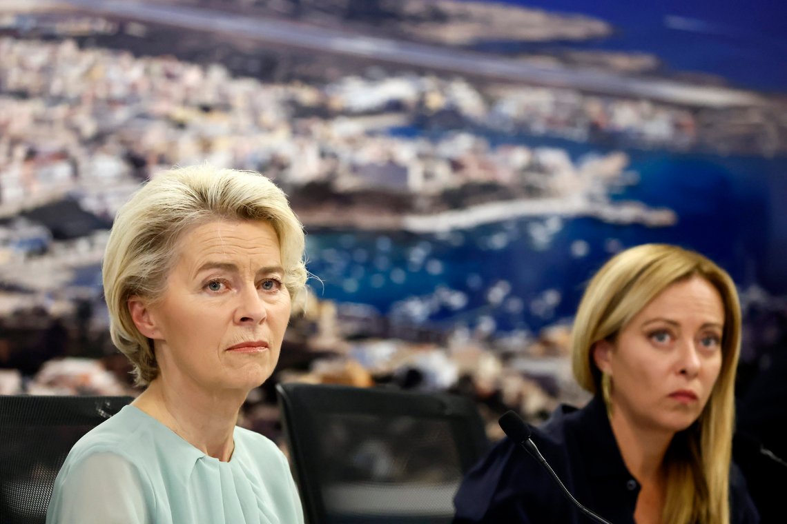 The President of the European Commission, Ursula von der Leyen, left, and Italy's Premier Giorgia Meloni, right, attend a joint press conference following a visit of the island of Lampedusa in Italy, Sunday, Sept. 17, 2023. EU Commission President Ursula von der Leyen and Italian Premier Giorgia Meloni on Sunday toured a migrant center on Italy’s southernmost island of Lampedusa that was overwhelmed with nearly 7,000 arrivals in a 24-hour period this week. (Cecilia Fabiano/LaPresse via AP) The President of the European Commission, Ursula von der Leyen, left, and Italy's Premier Giorgia Meloni, right, attend a joint press conference following a visit of the island of Lampedusa in Italy, Sunday, Sept. 17, 2023. EU Commission President Ursula von der Leyen and Italian Premier Giorgia Meloni on Sunday toured a migrant center on Italy’s southernmost island of Lampedusa that was overwhelmed with nearly 7,000 arrivals in a 24-hour period this week. (Cecilia Fabiano/LaPresse via AP)
