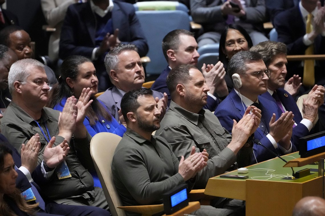 Ukrainian President Volodymyr Zelensky applauds as President Joe Biden addresses the 78th United Nations General Assembly in New York, Tuesday, Sept. 19, 2023. (AP Photo/Susan Walsh) Ukrainian President Volodymyr Zelensky applauds as President Joe Biden addresses the 78th United Nations General Assembly in New York, Tuesday, Sept. 19, 2023. (AP Photo/Susan Walsh)
