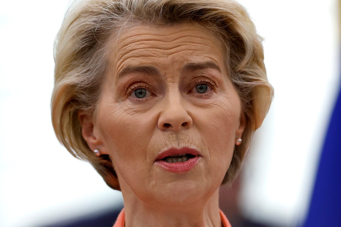 European Commission President Ursula von der Leyen delivers her annual speech on the state of the European Union and its plans and strategies looking ahead, at the European Parliament, Wednesday, Sept. 13, 2023 in Strasbourg, eastern France. (AP Photo/Jean-Francois Badias) European Commission President Ursula von der Leyen delivers her annual speech on the state of the European Union and its plans and strategies looking ahead, at the European Parliament, Wednesday, Sept. 13, 2023 in Strasbourg, eastern France. (AP Photo/Jean-Francois Badias)