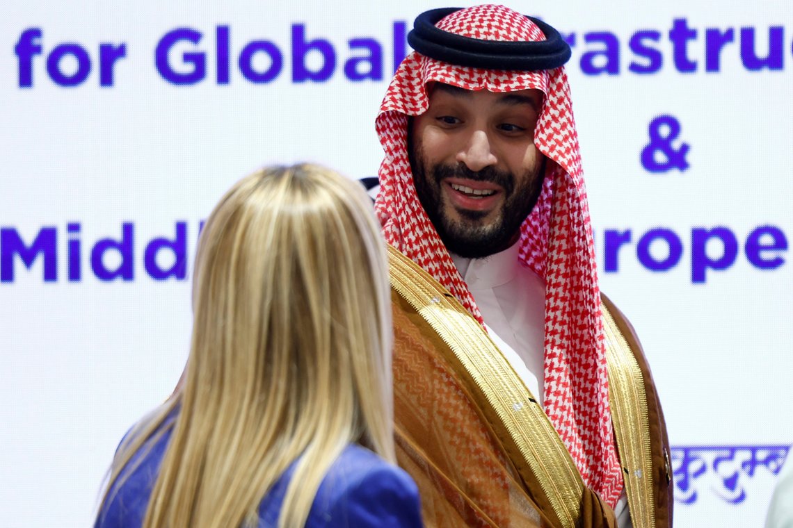 Italian Prime Minister Giorgia Meloni, left, and Saudi Arabian Crown Prince Mohammed bin Salman Al Saud speak on the day of the G20 summit in New Delhi, India, Sept. 9, 2023. (AP Photo/Evelyn Hockstein, Pool) Italian Prime Minister Giorgia Meloni, left, and Saudi Arabian Crown Prince Mohammed bin Salman Al Saud speak on the day of the G20 summit in New Delhi, India, Sept. 9, 2023. (AP Photo/Evelyn Hockstein, Pool)