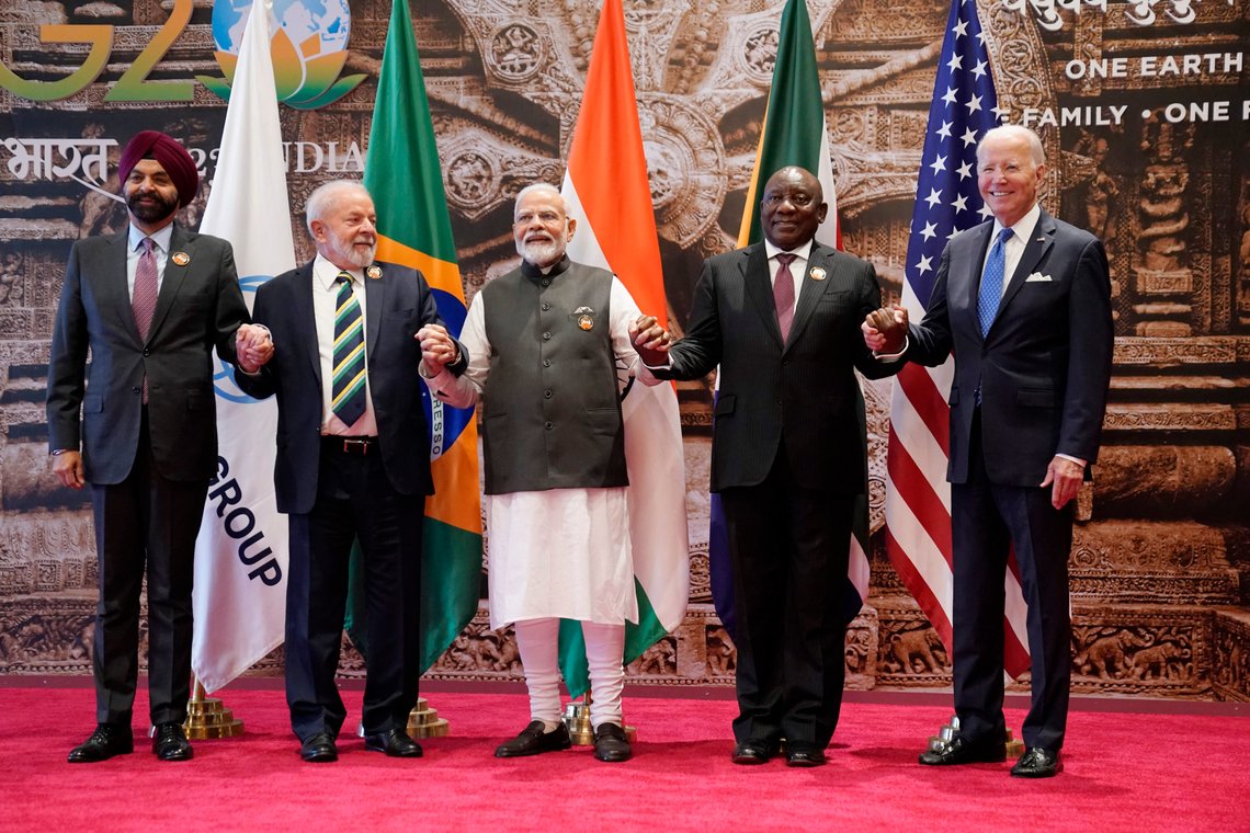 From left, World Bank President Ajay Banga, Brazilian President Luiz Inacio Lula da Silva, Indian Prime Minister Narendra Modi, South African President Cyril Ramaphosa and U.S. President Joe Biden pose for the group photo during G20 Summit, in New Delhi, India, Saturday, Sept. 9, 2023. (AP Photo/Evan Vucci, Pool) From left, World Bank President Ajay Banga, Brazilian President Luiz Inacio Lula da Silva, Indian Prime Minister Narendra Modi, South African President Cyril Ramaphosa and U.S. President Joe Biden pose for the group photo during G20 Summit, in New Delhi, India, Saturday, Sept. 9, 2023. (AP Photo/Evan Vucci, Pool)