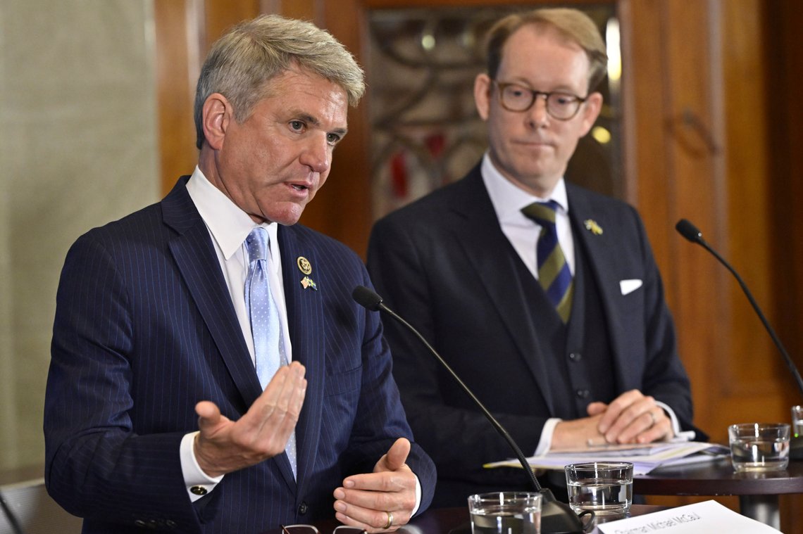 Foreign Minister Tobias Billström, background, listens, during a press briefing together with US congressmen Michael McCaul, foreground and Gregory Meeks, in Stockholm, Friday, Sept. 1, 2023. The United States House Foreign Affairs chair says that a partnership of the Russian and Chinese leaders worries him, saying: “We have never seen a threat this large-scale to Europe and the Pacific, I would argue, since World War II.” Rep. Michael McCaul, R-Texas, said Friday during a trip to Sweden with a U.S. Congressional Delegation that an alliance of Beijing and Moscow poses a big challenges to the free world. (Henrik Montgomery/TT News Agency via AP) Foreign Minister Tobias Billström, background, listens, during a press briefing together with US congressmen Michael McCaul, foreground and Gregory Meeks, in Stockholm, Friday, Sept. 1, 2023. The United States House Foreign Affairs chair says that a partnership of the Russian and Chinese leaders worries him, saying: “We have never seen a threat this large-scale to Europe and the Pacific, I would argue, since World War II.” Rep. Michael McCaul, R-Texas, said Friday during a trip to Sweden with a U.S. Congressional Delegation that an alliance of Beijing and Moscow poses a big challenges to the free world. (Henrik Montgomery/TT News Agency via AP)
