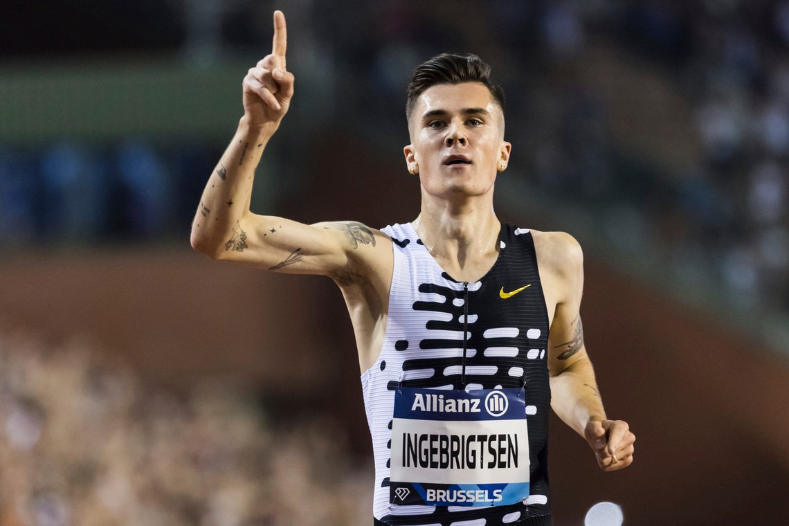 Jakob Ingebrigtsen from Norway crosses the finish line to win the 2000m men event and set a new world record time during the Diamond League Memorial Van Damme athletics event at the King Baudouin stadium, Brussels, Friday, Sept. 8, 2023. The new world record time is 4:43:13. (AP Photo/Geert Vanden Wijngaert) Jakob Ingebrigtsen from Norway crosses the finish line to win the 2000m men event and set a new world record time during the Diamond League Memorial Van Damme athletics event at the King Baudouin stadium, Brussels, Friday, Sept. 8, 2023. The new world record time is 4:43:13. (AP Photo/Geert Vanden Wijngaert)