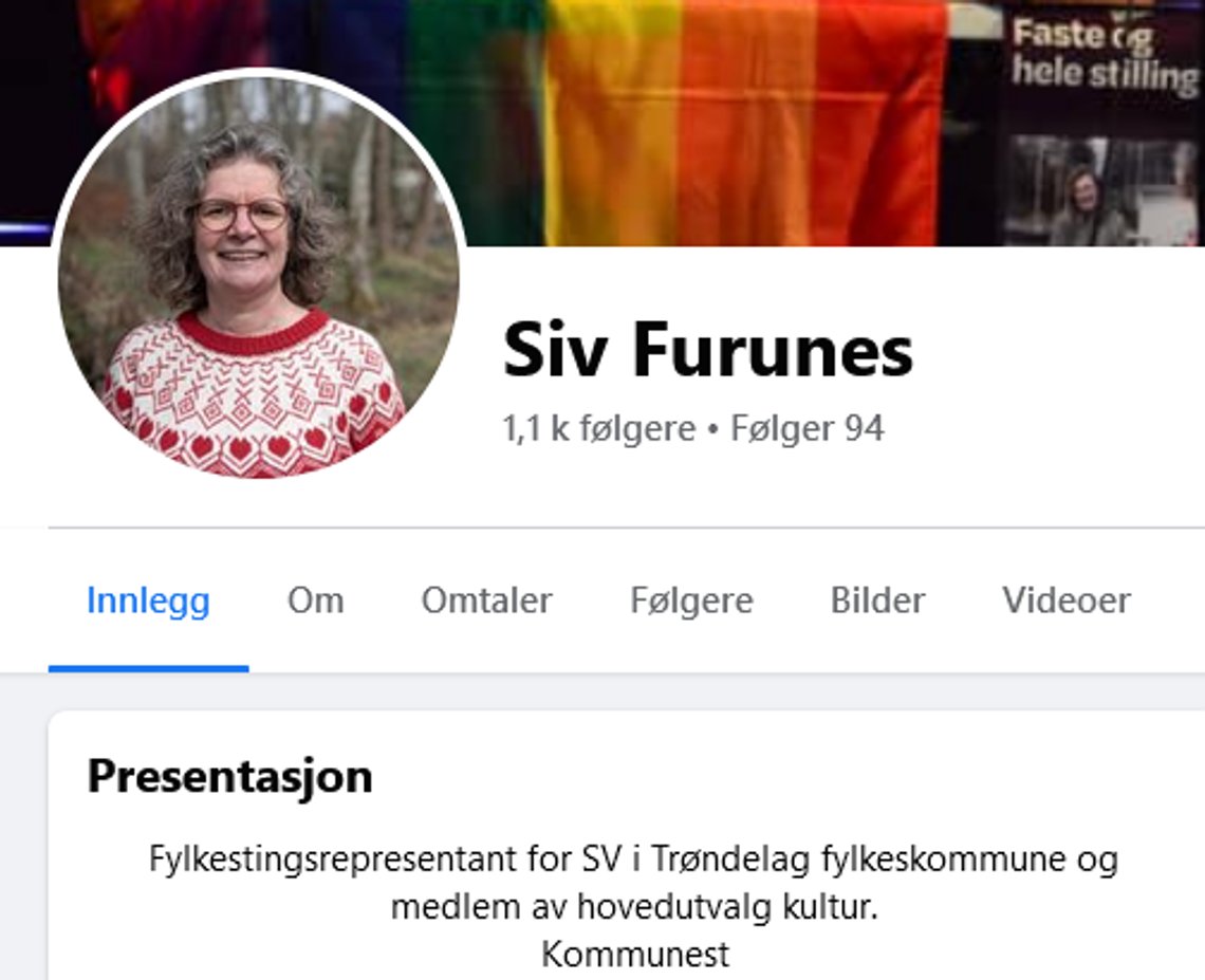 Skjermbilde av kontoen til SV-politiker Siv Furunes på Facebook. Skjermbilde av kontoen til SV-politiker Siv Furunes på Facebook.
