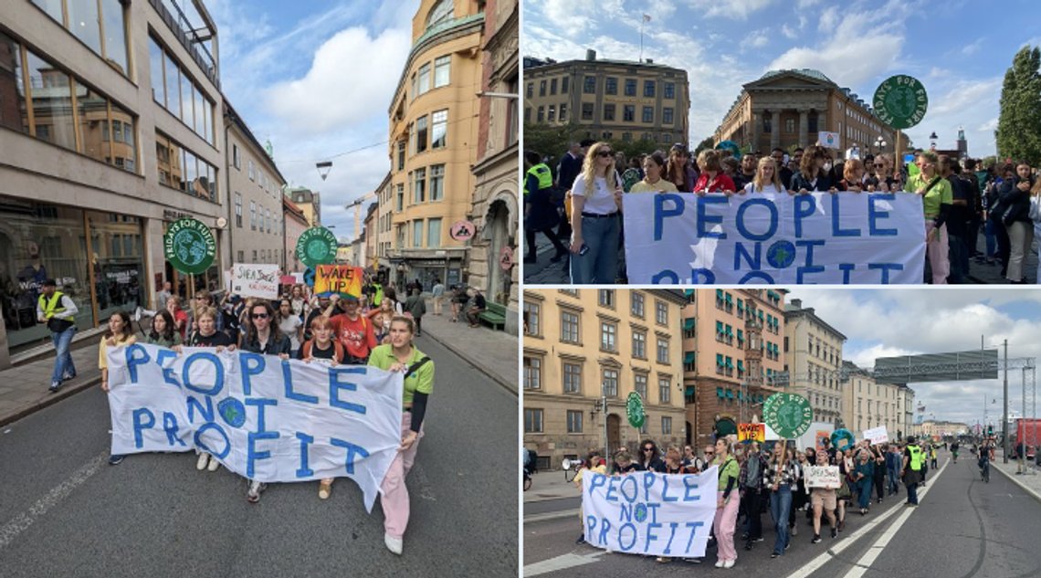 En demonstrasjon i regi av Greta Thunberg i Stockholm krever at mennesker prioriteres før profitt. Skjermdump Twitter/ Thunberg En demonstrasjon i regi av Greta Thunberg i Stockholm krever at mennesker prioriteres før profitt. Skjermdump Twitter/ Thunberg