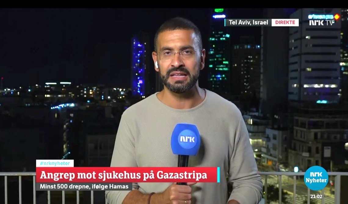 Yama Wolasmal dekker krigen mellom Hamas og Israel. Skjermdump fra NRK 17. oktober 2023. Yama Wolasmal dekker krigen mellom Hamas og Israel. Skjermdump fra NRK 17. oktober 2023.