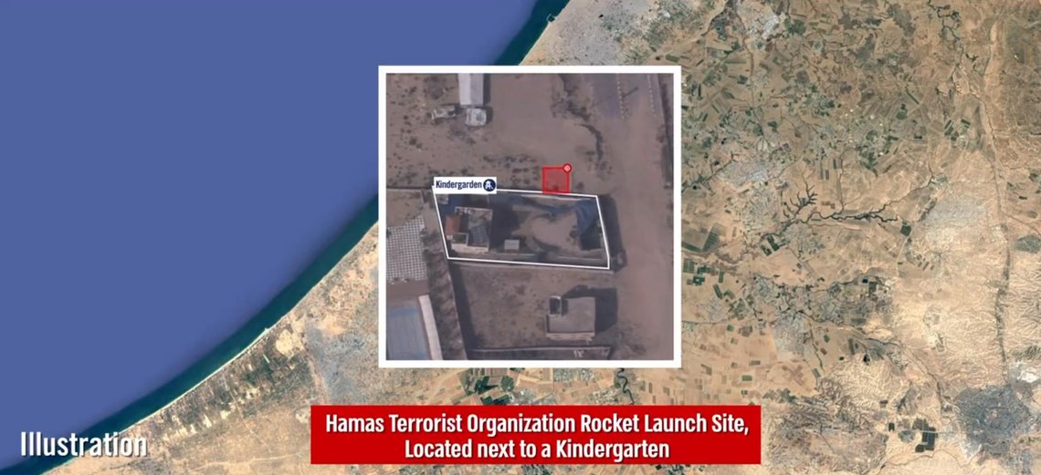 Flyfoto som viser en avfyringsrampe (rød firkant) for Hamas-raketter klint inntil en barnehave, ifølge IDF. Klipp fra Twitter-video Flyfoto som viser en avfyringsrampe (rød firkant) for Hamas-raketter klint inntil en barnehave, ifølge IDF. Klipp fra Twitter-video