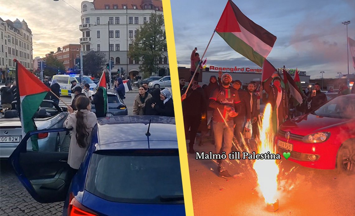 Full feiring av terrorangrepet mot Israel i Malmö søndag. Stillbilde video/ Samnytt Full feiring av terrorangrepet mot Israel i Malmö søndag. Stillbilde video/ Samnytt