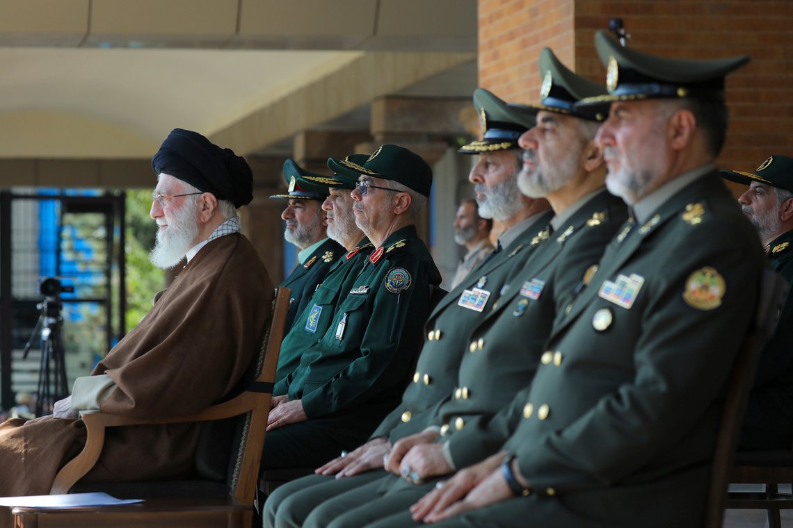 In this picture released by the official website of the office of the Iranian supreme leader, Supreme Leader Ayatollah Ali Khamenei, left, attends a graduation ceremony for a group of armed forces cadets during their graduation ceremony accompanied by commanders of the armed forces, in Tehran, Iran, Tuesday, Oct. 10, 2023. (Office of the Iranian Supreme Leader via AP) In this picture released by the official website of the office of the Iranian supreme leader, Supreme Leader Ayatollah Ali Khamenei, left, attends a graduation ceremony for a group of armed forces cadets during their graduation ceremony accompanied by commanders of the armed forces, in Tehran, Iran, Tuesday, Oct. 10, 2023. (Office of the Iranian Supreme Leader via AP)