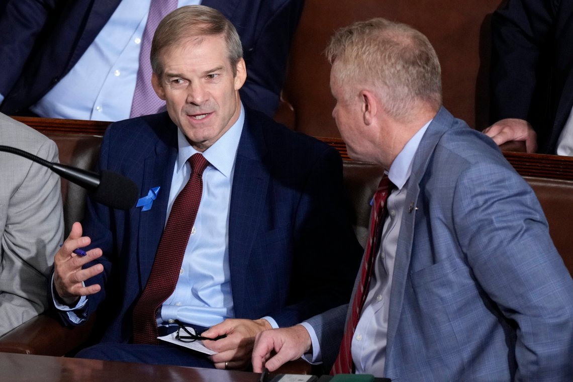 Rep. Jim Jordan, R-Ohio, chairman of the House Judiciary Committee, left, speaks with Rep. Warren Davidson, R-Ohio, right, as Republicans try to elect Jordan to be the new House speaker, at the Capitol in Washington, Wednesday, Oct. 18, 2023. (AP Photo/J. Scott Applewhite) Rep. Jim Jordan, R-Ohio, chairman of the House Judiciary Committee, left, speaks with Rep. Warren Davidson, R-Ohio, right, as Republicans try to elect Jordan to be the new House speaker, at the Capitol in Washington, Wednesday, Oct. 18, 2023. (AP Photo/J. Scott Applewhite)