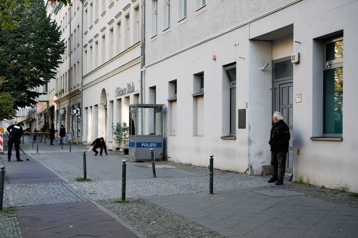 German police officers search in front of the building complex of the Kahal Adass Jisroel community, which houses a synagogue, a kindergarten and a community center, in the center of Berlin, Germany, Wednesday, Oct. 18, 2023. The Kahal Adass Jisroel community said its synagogue in the city's Mitte neighborhood was attacked with two incendiary devices. Police confirmed the incident.(AP Photo/Markus Schreiber) German police officers search in front of the building complex of the Kahal Adass Jisroel community, which houses a synagogue, a kindergarten and a community center, in the center of Berlin, Germany, Wednesday, Oct. 18, 2023. The Kahal Adass Jisroel community said its synagogue in the city's Mitte neighborhood was attacked with two incendiary devices. Police confirmed the incident.(AP Photo/Markus Schreiber)