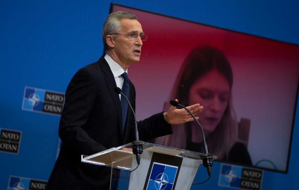 NATO Secretary General Jens Stoltenberg speaks during a media conference, after a meeting of NATO defense ministers in video format, at NATO headquarters in Brussels on Thursday, Feb. 18, 2021. (AP Photo/Virginia Mayo, Pool) NATO Secretary General Jens Stoltenberg speaks during a media conference, after a meeting of NATO defense ministers in video format, at NATO headquarters in Brussels on Thursday, Feb. 18, 2021. (AP Photo/Virginia Mayo, Pool)