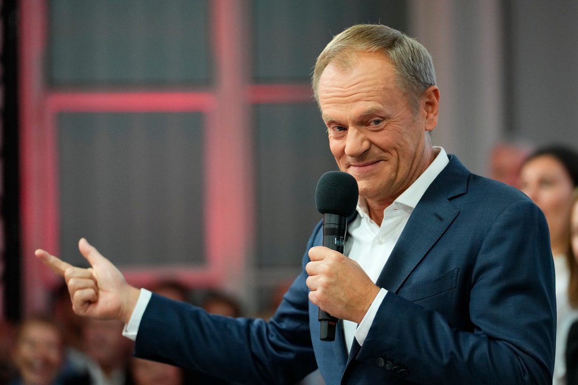 Donald Tusk, a former Polish prime minister addresses supporters at his party headquarters in Warsaw, Poland, Sunday, Oct. 15, 2023. Poland's election result is on a knife edge as an exit poll says that the governing Law and Justice party won the most votes. (AP Photo/Petr David Josek) Donald Tusk, a former Polish prime minister addresses supporters at his party headquarters in Warsaw, Poland, Sunday, Oct. 15, 2023. Poland's election result is on a knife edge as an exit poll says that the governing Law and Justice party won the most votes. (AP Photo/Petr David Josek)