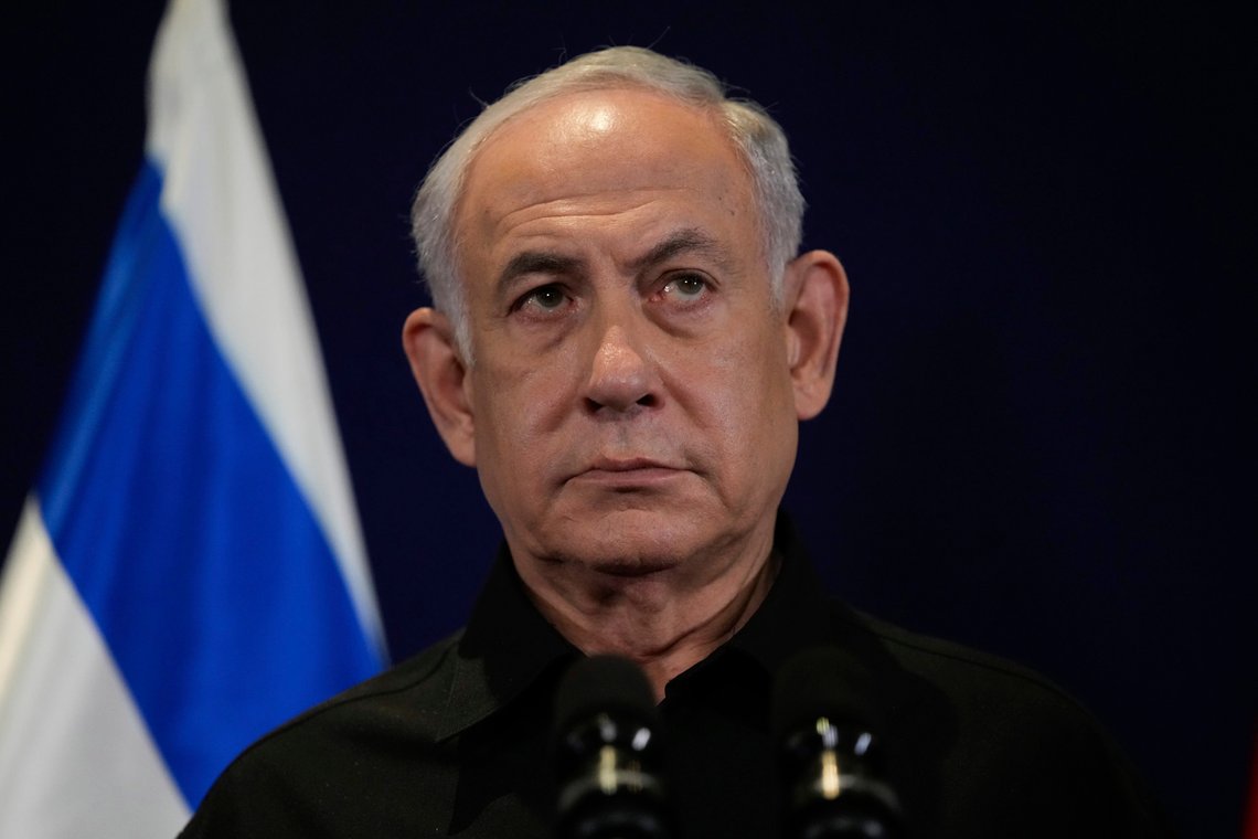 Israeli Prime Minister Benjamin Netanyahu speaks to the media during a joint press conference with German Chancellor Olaf Scholz, in Tel Aviv, Israel, Tuesday, Oct. 17, 2023. (AP Photo/Maya Alleruzzo, Pool) Israeli Prime Minister Benjamin Netanyahu speaks to the media during a joint press conference with German Chancellor Olaf Scholz, in Tel Aviv, Israel, Tuesday, Oct. 17, 2023. (AP Photo/Maya Alleruzzo, Pool)