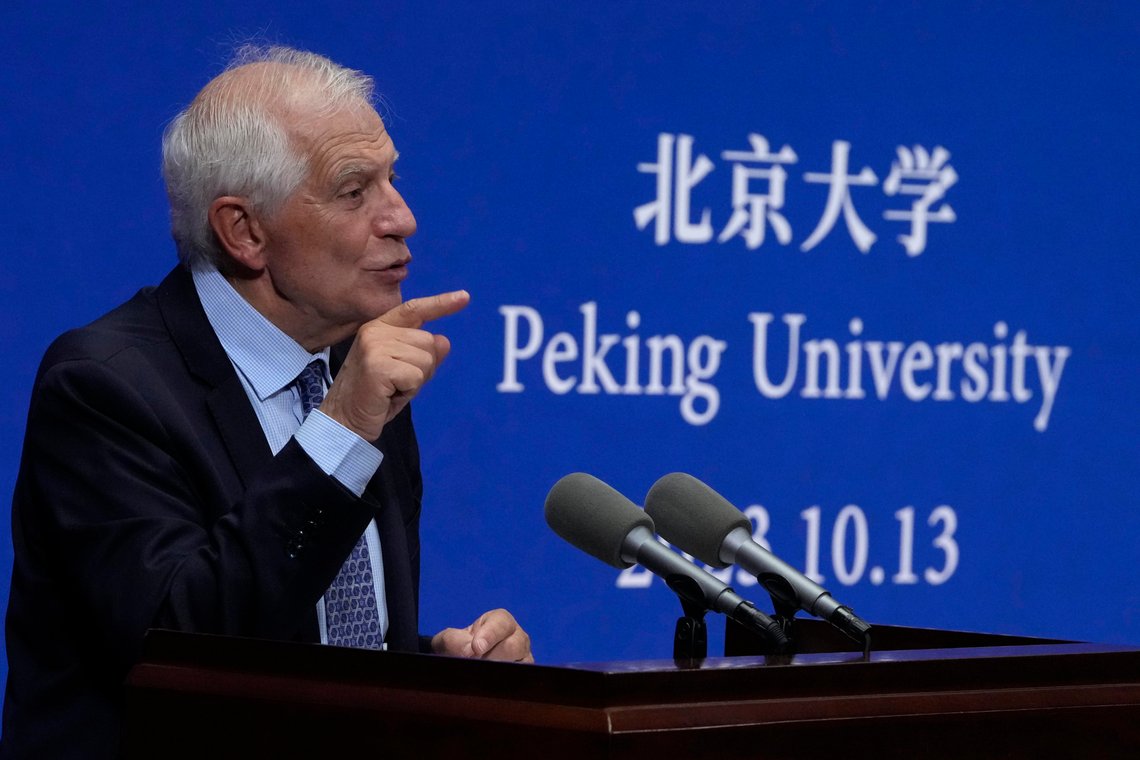 EU foreign policy chief Josep Borrell delivers a speech at Peking University in Beijing, Friday, Oct. 13, 2023. The European Union's top foreign policy official warned Friday that public sentiment in Europe could turn more protectionist if the region's trade deficit with China is not reduced.(AP Photo/Ng Han Guan) EU foreign policy chief Josep Borrell delivers a speech at Peking University in Beijing, Friday, Oct. 13, 2023. The European Union's top foreign policy official warned Friday that public sentiment in Europe could turn more protectionist if the region's trade deficit with China is not reduced.(AP Photo/Ng Han Guan)