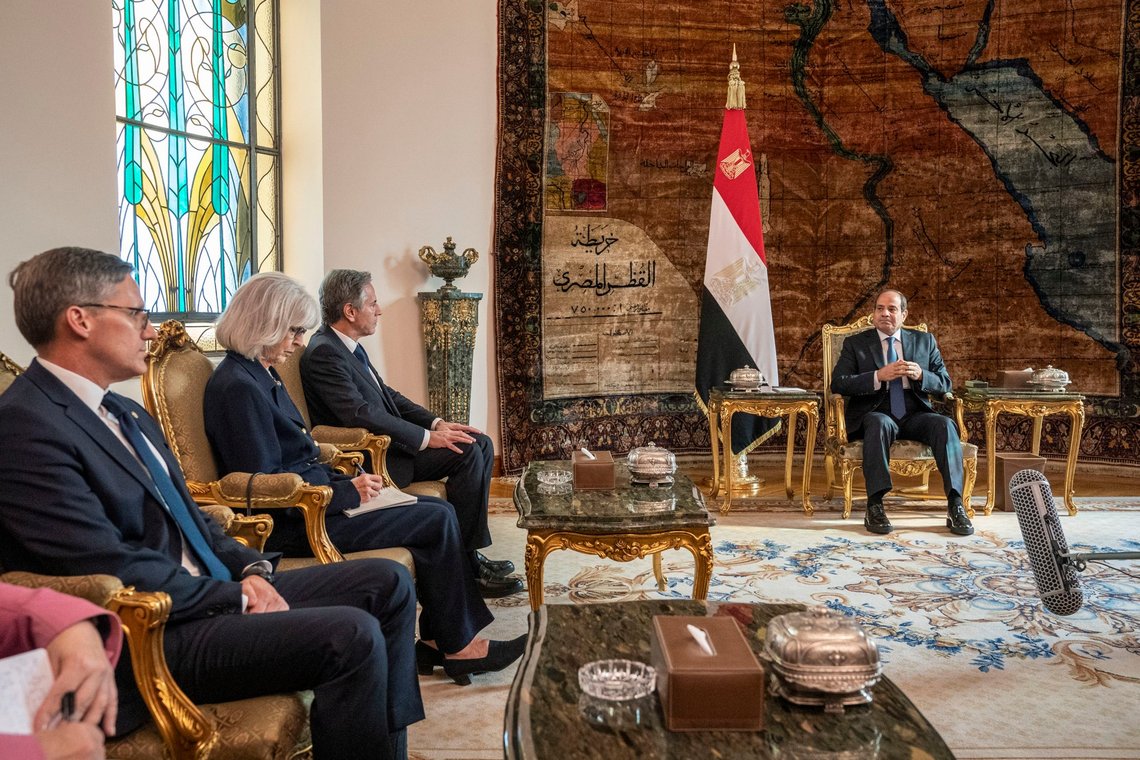 U.S. Secretary of State Antony Blinken, third from left, meets with Egypt's President Abdel Fattah El-Sisi, right, at Al-Ittihadiya Palace in Cairo, Sunday Oct. 15, 2023. (AP Photo/Jacquelyn Martin, Pool) U.S. Secretary of State Antony Blinken, third from left, meets with Egypt's President Abdel Fattah El-Sisi, right, at Al-Ittihadiya Palace in Cairo, Sunday Oct. 15, 2023. (AP Photo/Jacquelyn Martin, Pool)