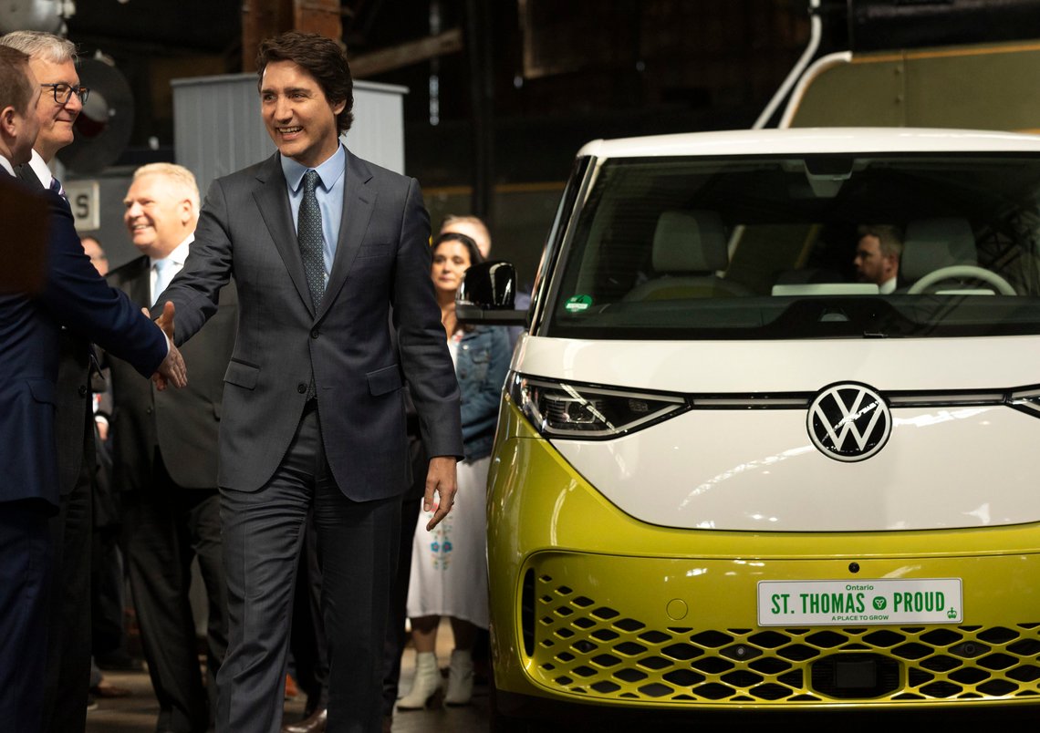 Canada Prime Minister Justin Trudeau arrives to make an announcement on a Volkswagen electric vehicle battery plant at the Elgin County Railway Museum in St. Thomas, Ontario, Friday, April 21, 2023. (Tara Walton/The Canadian Press via AP) Canada Prime Minister Justin Trudeau arrives to make an announcement on a Volkswagen electric vehicle battery plant at the Elgin County Railway Museum in St. Thomas, Ontario, Friday, April 21, 2023. (Tara Walton/The Canadian Press via AP)