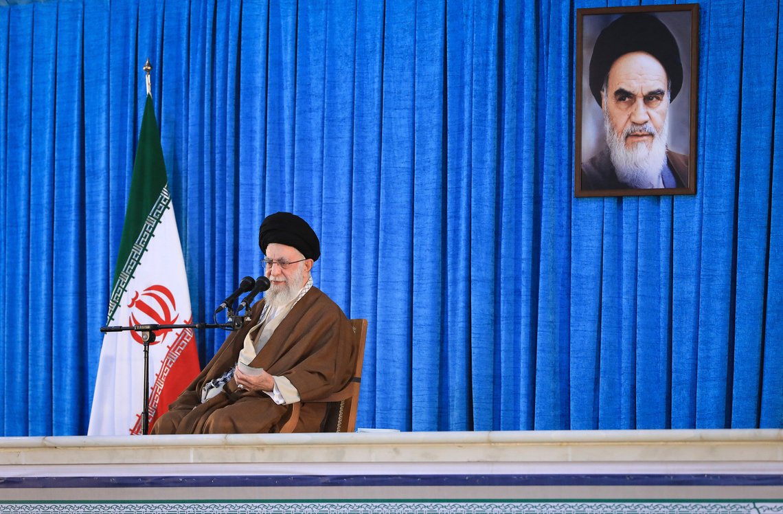 In this picture released by an official website of the office of the Iranian supreme leader, Supreme Leader Ayatollah Ali Khamenei speaks during a ceremony commemorating the death anniversary of the late revolutionary founder Ayatollah Khomeini, shown in the poster at top right, at his mausoleum just outside Tehran, Iran, Sunday, June 4, 2023. (Office of the Iranian Supreme Leader via AP) In this picture released by an official website of the office of the Iranian supreme leader, Supreme Leader Ayatollah Ali Khamenei speaks during a ceremony commemorating the death anniversary of the late revolutionary founder Ayatollah Khomeini, shown in the poster at top right, at his mausoleum just outside Tehran, Iran, Sunday, June 4, 2023. (Office of the Iranian Supreme Leader via AP)
