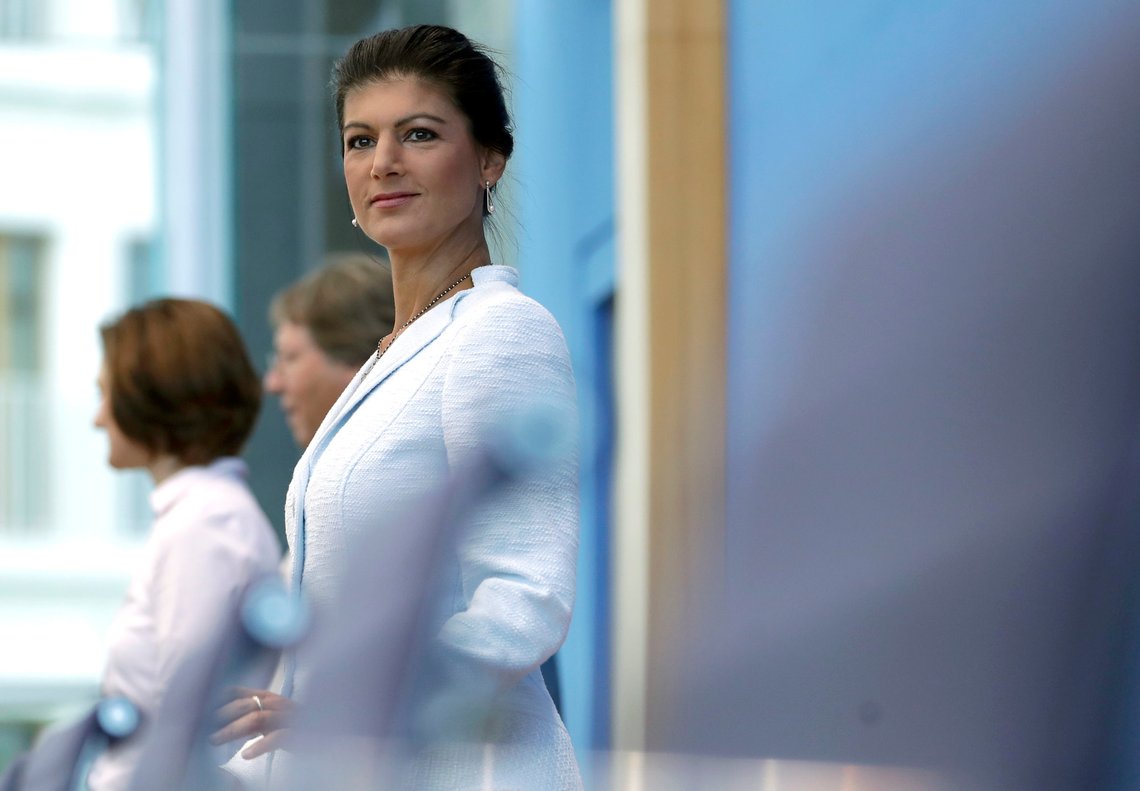 Sahra Wagenknecht arrives for the first press conference of the new political movement 'Stand Up' in Berlin, Germany, Tuesday, Sept. 4, 2018. Wagenknecht is co-faction leader of the German Left Party as well. (AP Photo/Michael Sohn) Sahra Wagenknecht arrives for the first press conference of the new political movement 'Stand Up' in Berlin, Germany, Tuesday, Sept. 4, 2018. Wagenknecht is co-faction leader of the German Left Party as well. (AP Photo/Michael Sohn)