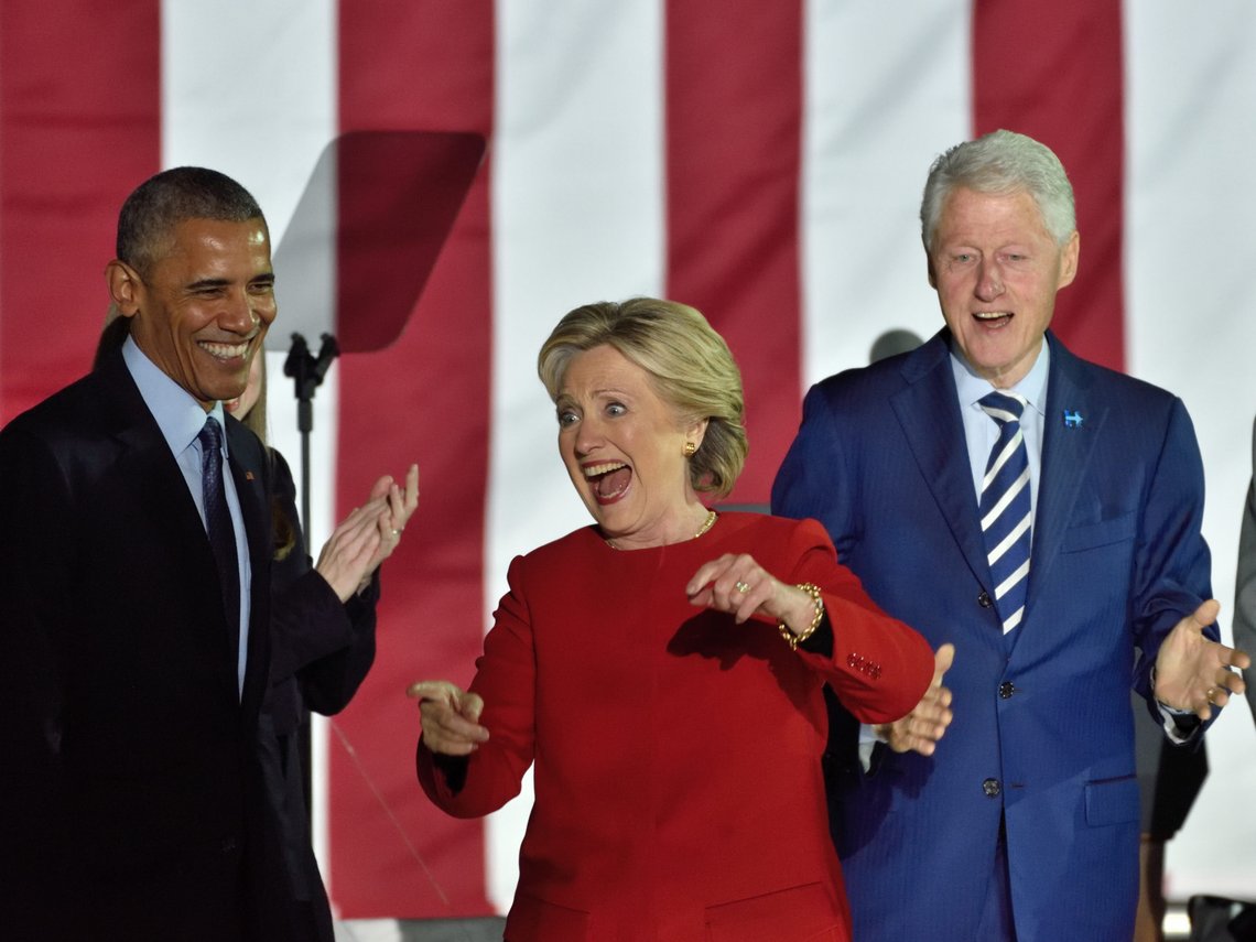 PHILADELPHIA, PA - NOVEMBER 7, 2016: Hillary Clinton laughs at the conclusion of her speech at a campaign rally on stage with President Obama and former President Bill Clinton. Photo: Shutterstock by Evan El-Amin. PHILADELPHIA, PA - NOVEMBER 7, 2016: Hillary Clinton laughs at the conclusion of her speech at a campaign rally on stage with President Obama and former President Bill Clinton. Photo: Shutterstock by Evan El-Amin.