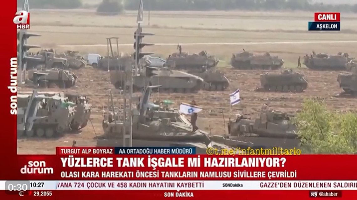 Israelske pansrede kjøretøyer forbereder seg på en invasjon av Gaza. Stillbilde video/ X Israelske pansrede kjøretøyer forbereder seg på en invasjon av Gaza. Stillbilde video/ X