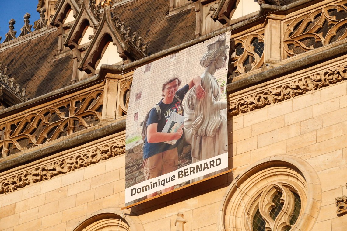 The portrait of late French teacher Dominique Bernard, 57, who was stabbed to death at the school by a suspected Islamist extremist, is on display, in Arras, northern France, Thursday, Oct. 19, 2023. (AP Photo/Michel Spingler) The portrait of late French teacher Dominique Bernard, 57, who was stabbed to death at the school by a suspected Islamist extremist, is on display, in Arras, northern France, Thursday, Oct. 19, 2023. (AP Photo/Michel Spingler)