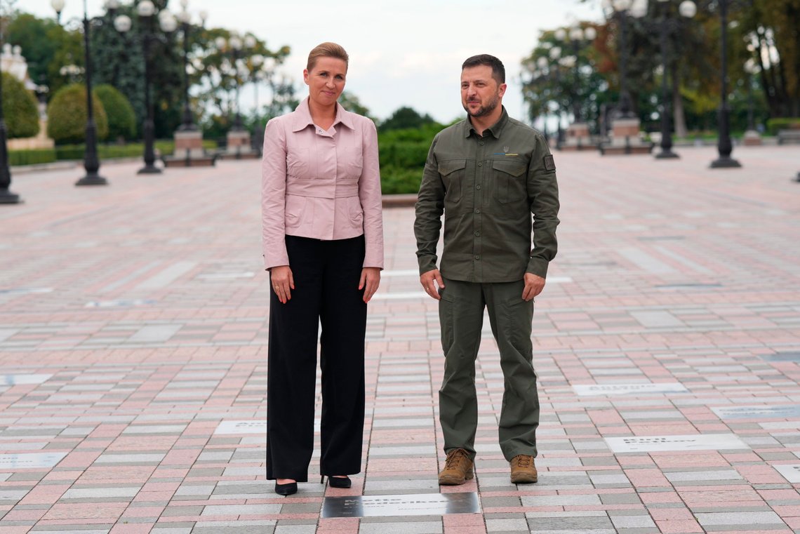 Denmarks' Prime Minister Mette Frederiksen and Ukrainian President Volodymyr Zelenskyj in front of the presidential palace in Kyiv, Ukraine, Wednesday Sept. 6, 2023. (Ida Marie Odgaard/Ritzau Scanpix via AP) Denmarks' Prime Minister Mette Frederiksen and Ukrainian President Volodymyr Zelenskyj in front of the presidential palace in Kyiv, Ukraine, Wednesday Sept. 6, 2023. (Ida Marie Odgaard/Ritzau Scanpix via AP)
