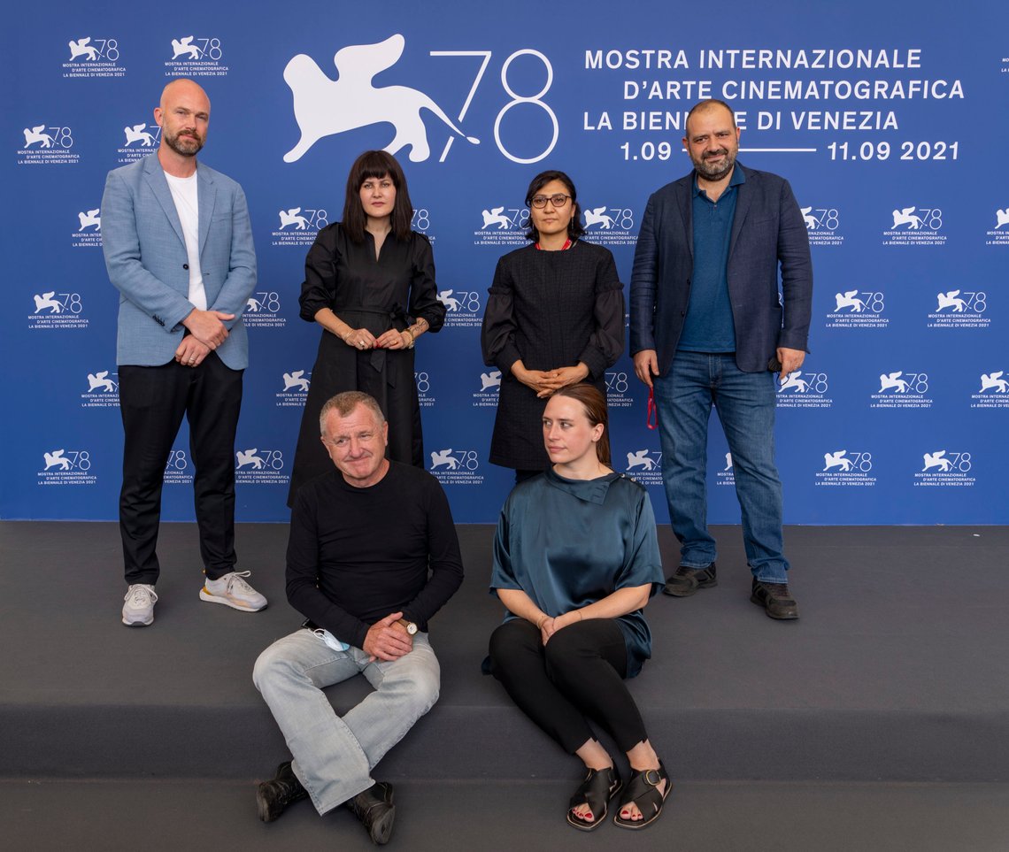 Clockwise from left, EFA CEO and director Matthijs Wouter Knol, directors Sahraa Karimi and Sarah Mani, IDFA artistic director Orwa Nyrabia, Rotterdam International Film Festival artistic director Vanja Kaludjercic, and EFA Chairman Mike Downey pose for photographers at the photo call for the 'International panel on Afghanistan and the situation of Afghan filmmakers and artists' during the 78th edition of the Venice Film Festival in Venice, Italy, Saturday, Sep, 4, 2021. (AP Photo/Domenico Stinellis) Clockwise from left, EFA CEO and director Matthijs Wouter Knol, directors Sahraa Karimi and Sarah Mani, IDFA artistic director Orwa Nyrabia, Rotterdam International Film Festival artistic director Vanja Kaludjercic, and EFA Chairman Mike Downey pose for photographers at the photo call for the 'International panel on Afghanistan and the situation of Afghan filmmakers and artists' during the 78th edition of the Venice Film Festival in Venice, Italy, Saturday, Sep, 4, 2021. (AP Photo/Domenico Stinellis)