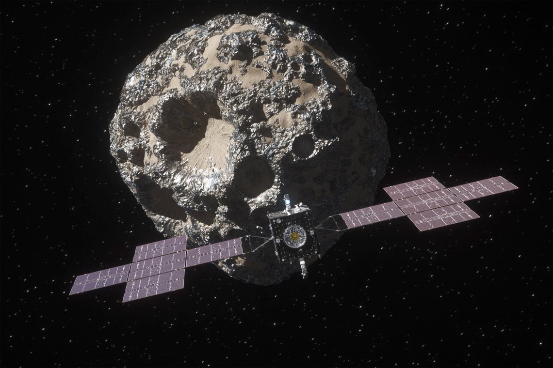 This image from a video animation provided by NASA in October 2023 depicts the spacecraft Psyche approaching the asteroid Psyche. A NASA spacecraft has rocketed away on a six-year journey to a rare asteroid made of metal. SpaceX launched the Psyche spacecraft on Friday, Oct. 13, 2023 from the Kennedy Space Center in Florida. (NASA/JPL-Caltech/ASU via AP) This image from a video animation provided by NASA in October 2023 depicts the spacecraft Psyche approaching the asteroid Psyche. A NASA spacecraft has rocketed away on a six-year journey to a rare asteroid made of metal. SpaceX launched the Psyche spacecraft on Friday, Oct. 13, 2023 from the Kennedy Space Center in Florida. (NASA/JPL-Caltech/ASU via AP)
