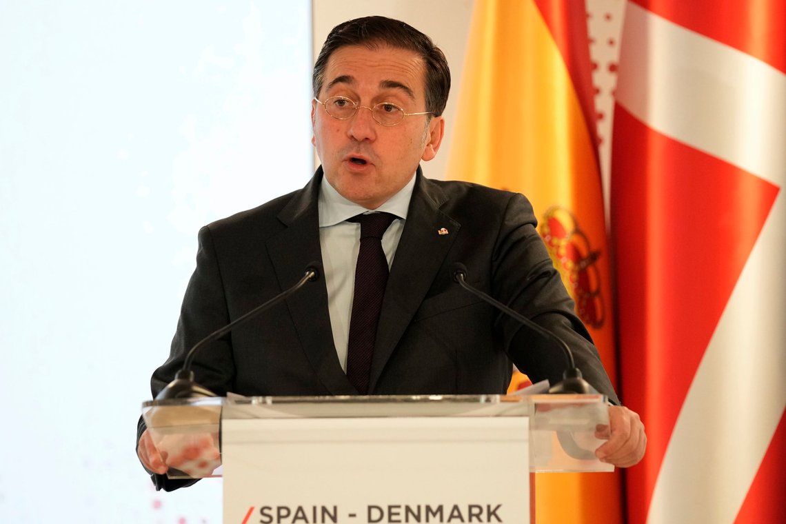Spanish Foreign Minister José Manuel Albares speaks during a Spain Denmark business summit in Copenhagen Tuesday, Nov. 7, 2023. (Ida Marie Odgaard/Ritzau Scanpix via AP) Spanish Foreign Minister José Manuel Albares speaks during a Spain Denmark business summit in Copenhagen Tuesday, Nov. 7, 2023. (Ida Marie Odgaard/Ritzau Scanpix via AP)