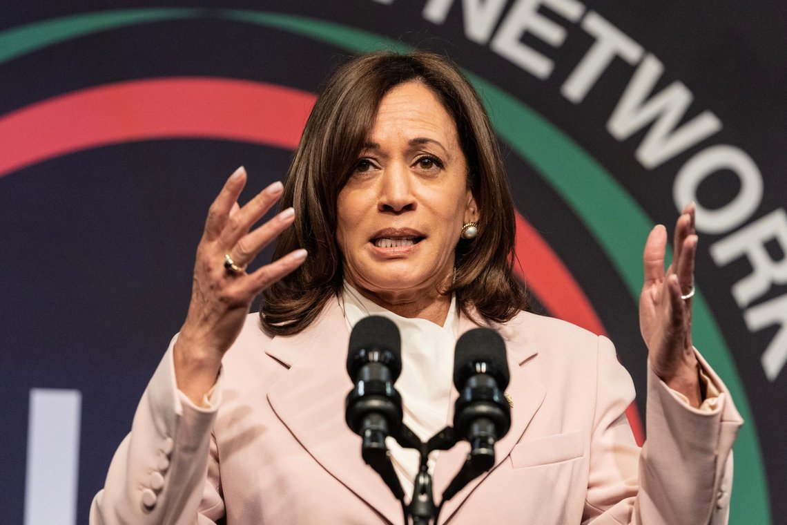 Vice President of the USA Kamala Harris speaks during NAN 2023 convention day 3 at Sheraton Times Square in New York on April 14, 2023. Photo: Shutterstock by Lev Radin, United States. Vice President of the USA Kamala Harris speaks during NAN 2023 convention day 3 at Sheraton Times Square in New York on April 14, 2023. Photo: Shutterstock by Lev Radin, United States.