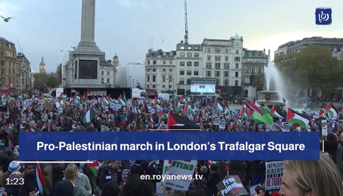 Demonstrasjon på Trafalgar Square. Stillbilde X/ Roya News Demonstrasjon på Trafalgar Square. Stillbilde X/ Roya News