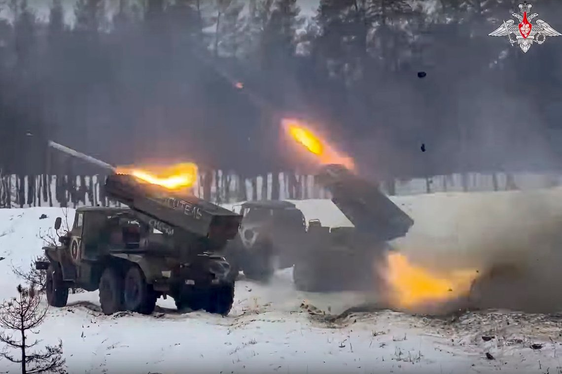In this handout photo taken from video and released by Russian Defense Ministry Press Service on Tuesday, March 14, 2023, a Russian army's multiple rocket launchers Grad fire at Ukrainian troops at an undisclosed location. (Russian Defense Ministry Press Service via AP) In this handout photo taken from video and released by Russian Defense Ministry Press Service on Tuesday, March 14, 2023, a Russian army's multiple rocket launchers Grad fire at Ukrainian troops at an undisclosed location. (Russian Defense Ministry Press Service via AP)