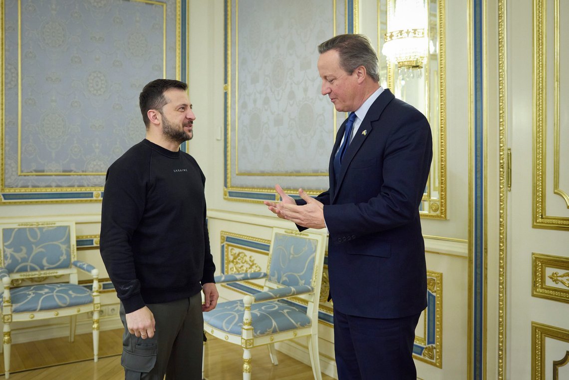 In this photo provided by the Ukrainian Presidential Press Office on Wednesday, Nov. 15, 2023, Ukrainian President Volodymyr Zelenskyy, left, speaks with Britain's Foreign Secretary David Cameron on the occasion of their meeting, in Kyiv, Ukraine. (Ukrainian Presidential Press Office via AP) In this photo provided by the Ukrainian Presidential Press Office on Wednesday, Nov. 15, 2023, Ukrainian President Volodymyr Zelenskyy, left, speaks with Britain's Foreign Secretary David Cameron on the occasion of their meeting, in Kyiv, Ukraine. (Ukrainian Presidential Press Office via AP)