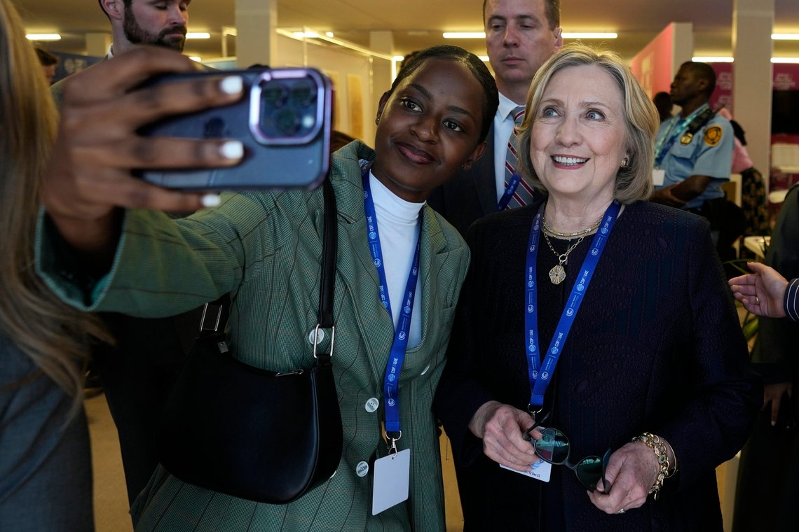 Former Secretary of State Hillary Rodham Clinton poses for pictures at the COP28 U.N. Climate Summit, Monday, Dec. 4, 2023, in Dubai, United Arab Emirates. (AP Photo/Rafiq Maqbool) Former Secretary of State Hillary Rodham Clinton poses for pictures at the COP28 U.N. Climate Summit, Monday, Dec. 4, 2023, in Dubai, United Arab Emirates. (AP Photo/Rafiq Maqbool)