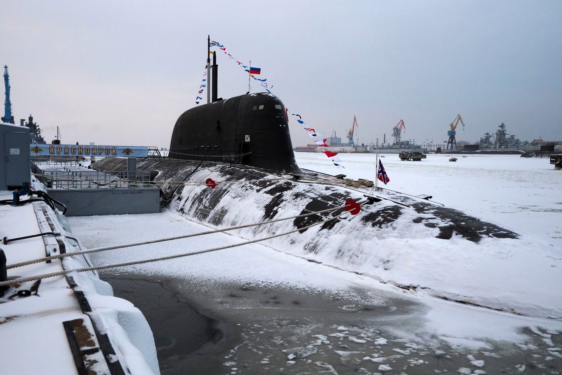 The newly-built nuclear submarine The Krasnoyarsk is seen after a flag-raising ceremony on Monday for newly-built nuclear submarines at the Sevmash shipyard in Severodvinsk in Russia's Archangelsk region, Monday, Dec. 11, 2023. The navy flag was raised on the Emperor Alexander III and the Krasnoyarsk submarines during Monday's ceremony. Putin has traveled to a northern shipyard to attend the commissioning of new nuclear submarines, a visit that showcases the country's nuclear might amid the fighting in Ukraine. (Kirill Iodas, Sputnik, Kremlin Pool Photo via AP) The newly-built nuclear submarine The Krasnoyarsk is seen after a flag-raising ceremony on Monday for newly-built nuclear submarines at the Sevmash shipyard in Severodvinsk in Russia's Archangelsk region, Monday, Dec. 11, 2023. The navy flag was raised on the Emperor Alexander III and the Krasnoyarsk submarines during Monday's ceremony. Putin has traveled to a northern shipyard to attend the commissioning of new nuclear submarines, a visit that showcases the country's nuclear might amid the fighting in Ukraine. (Kirill Iodas, Sputnik, Kremlin Pool Photo via AP)