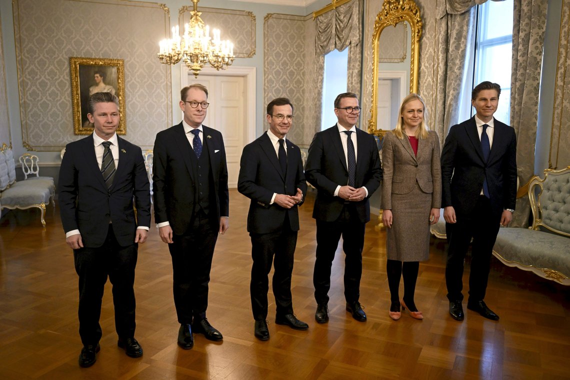 From left, Swedish Defence Minister Pål Jonson, Swedish Foreign Minister Tobias Billström, Swedish Prime Minister Ulf Kristersson, Finnish Prime Minister Petteri Orpo, Finnish Foreign Minister Elina Valtonen and Finnish Defence Minister Antti Häkkänen pose for a family photo on the occasion of their meeting, in Helsinki, Monday, Nov. 27, 2023. The prime ministers' meeting with the foreign and defence ministers focuses on the close cooperation between Finland and Sweden in the NATO membership process. (Antti Aimo-Koivisto/Lehtikuva via AP) From left, Swedish Defence Minister Pål Jonson, Swedish Foreign Minister Tobias Billström, Swedish Prime Minister Ulf Kristersson, Finnish Prime Minister Petteri Orpo, Finnish Foreign Minister Elina Valtonen and Finnish Defence Minister Antti Häkkänen pose for a family photo on the occasion of their meeting, in Helsinki, Monday, Nov. 27, 2023. The prime ministers' meeting with the foreign and defence ministers focuses on the close cooperation between Finland and Sweden in the NATO membership process. (Antti Aimo-Koivisto/Lehtikuva via AP)