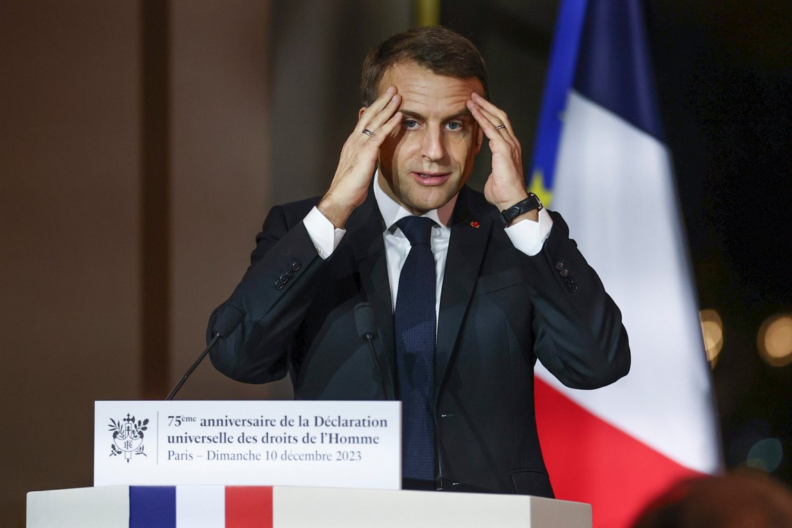 French President Emmanuel Macron delivers a speech at the Palais de Chaillot for the 75th anniversary of the Universal Declaration of Human Rights, in Paris, France, Sunday, Dec.10, 2023. (Mohammed Badra/Pool photo via EPA) French President Emmanuel Macron delivers a speech at the Palais de Chaillot for the 75th anniversary of the Universal Declaration of Human Rights, in Paris, France, Sunday, Dec.10, 2023. (Mohammed Badra/Pool photo via EPA)