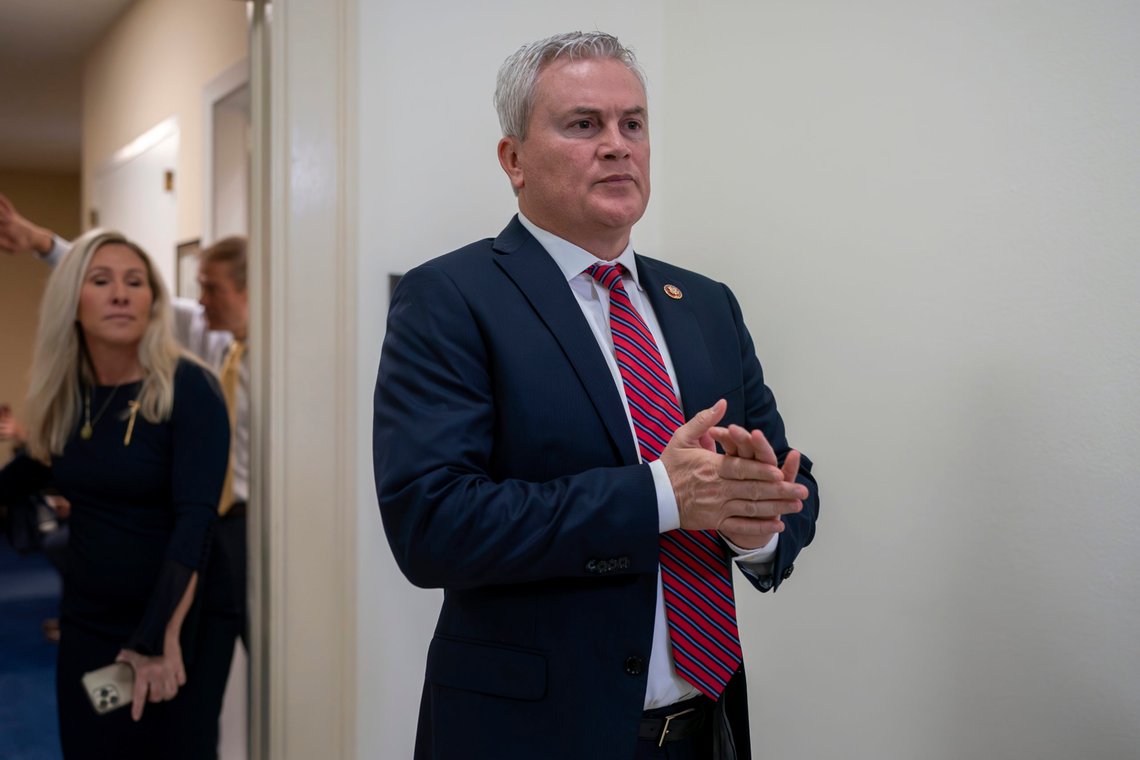 FILE - House Oversight and Accountability Committee Chairman James Comer, R-Ky., emerges from the committee room, followed by Rep. Marjorie Taylor Greene, R-Ga., to speak to reporters after Hunter Biden, President Joe Biden's son, defied a congressional subpoena to appear privately for a deposition before Republican investigators who have been digging into his business dealings, at the Capitol in Washington, Wednesday, Dec. 13, 2023. (AP Photo/J. Scott Applewhite, File) FILE - House Oversight and Accountability Committee Chairman James Comer, R-Ky., emerges from the committee room, followed by Rep. Marjorie Taylor Greene, R-Ga., to speak to reporters after Hunter Biden, President Joe Biden's son, defied a congressional subpoena to appear privately for a deposition before Republican investigators who have been digging into his business dealings, at the Capitol in Washington, Wednesday, Dec. 13, 2023. (AP Photo/J. Scott Applewhite, File)
