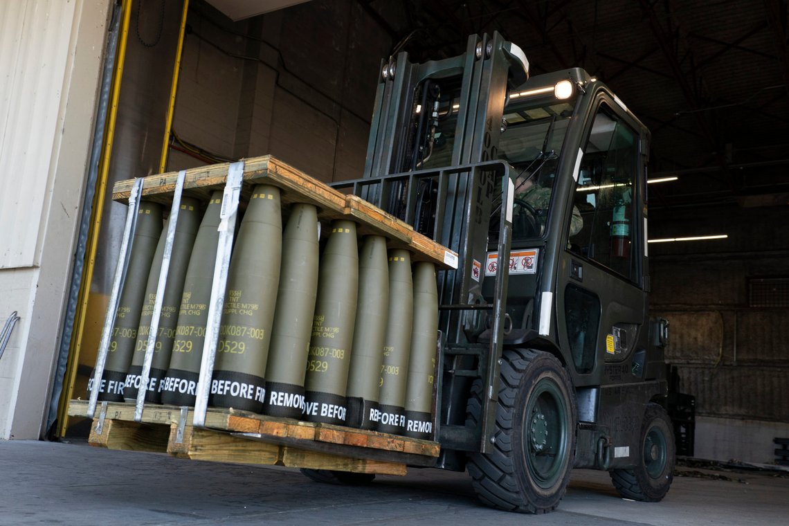 FILE - Airmen with the 436th Aerial Port Squadron use a forklift to move 155 mm shells ultimately bound for Ukraine, April 29, 2022, at Dover Air Force Base, Del. The Biden administration will send an additional $250 million in weapons and ammunition to Ukraine as part of its ongoing support of Kyiv's counteroffensive. The weapons will be drawn from existing U.S. stockpiles, officials said Tuesday, Aug. 29, and will include mine-clearing equipment, artillery and rocket rounds, ambulances and medical gear, among other items and spare parts. (AP Photo/Alex Brandon, File) FILE - Airmen with the 436th Aerial Port Squadron use a forklift to move 155 mm shells ultimately bound for Ukraine, April 29, 2022, at Dover Air Force Base, Del. The Biden administration will send an additional $250 million in weapons and ammunition to Ukraine as part of its ongoing support of Kyiv's counteroffensive. The weapons will be drawn from existing U.S. stockpiles, officials said Tuesday, Aug. 29, and will include mine-clearing equipment, artillery and rocket rounds, ambulances and medical gear, among other items and spare parts. (AP Photo/Alex Brandon, File)