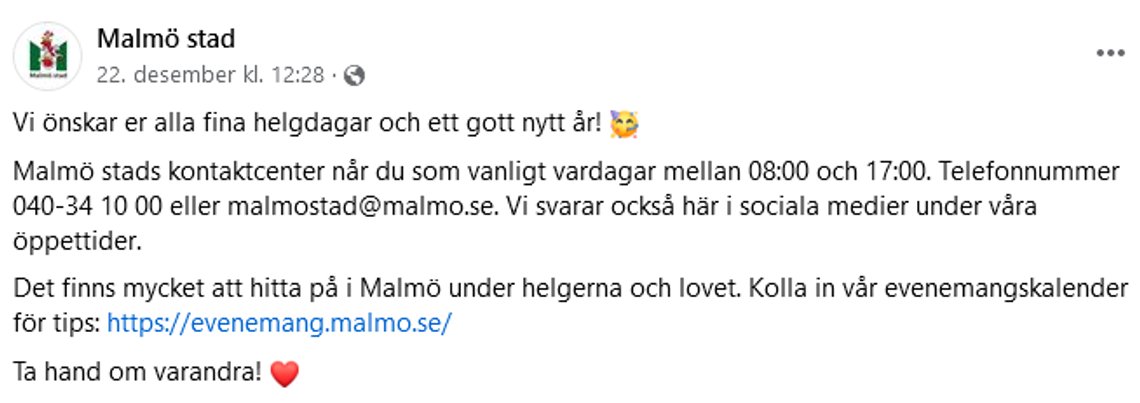 Skjermbilde fra Malmö stad på Facebook. Skjermbilde fra Malmö stad på Facebook.