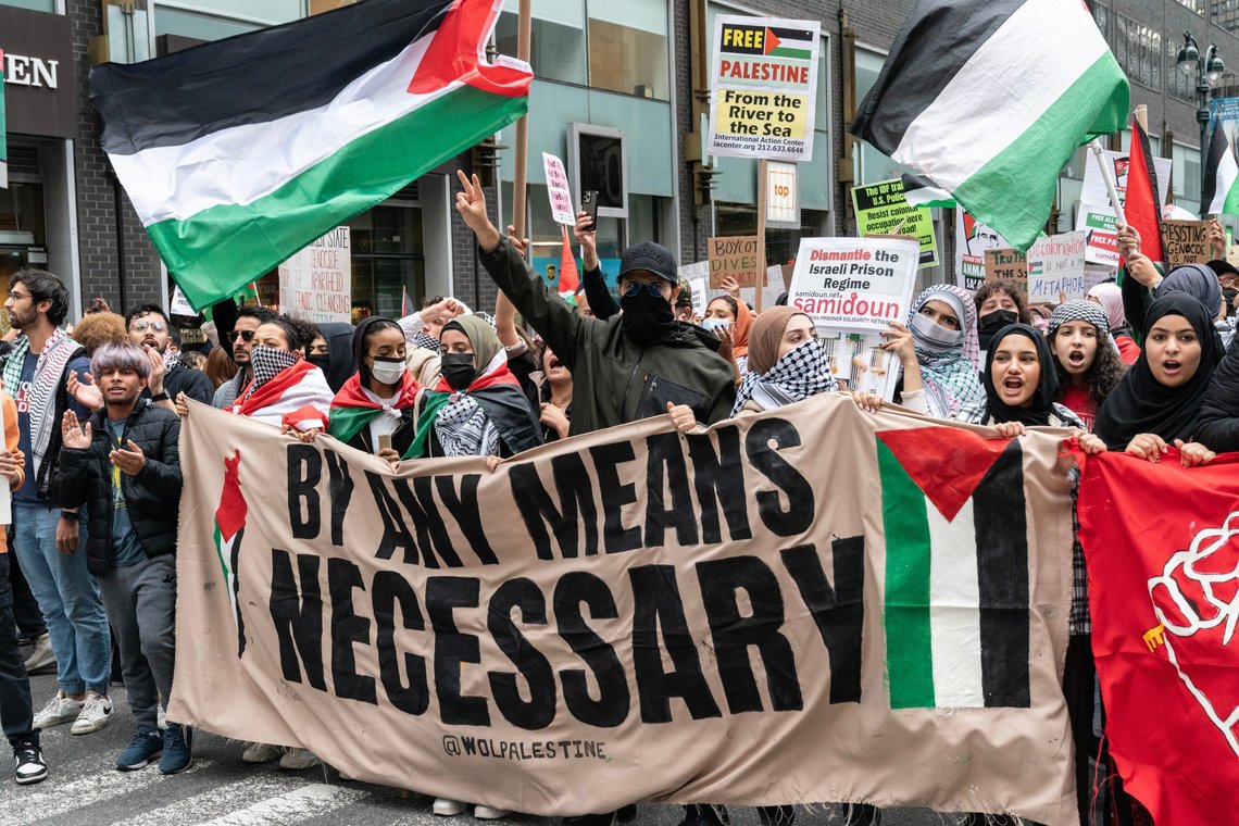 Israeli and Palestinian supporters rallied around 42nd street in New York on October 9, 2023 for and against terrorist attack against Israel by Hamas. Pro-Palestinian supporters march after the rally. Photo: Shutterstock by Lev Radin, United States. Israeli and Palestinian supporters rallied around 42nd street in New York on October 9, 2023 for and against terrorist attack against Israel by Hamas. Pro-Palestinian supporters march after the rally. Photo: Shutterstock by Lev Radin, United States.