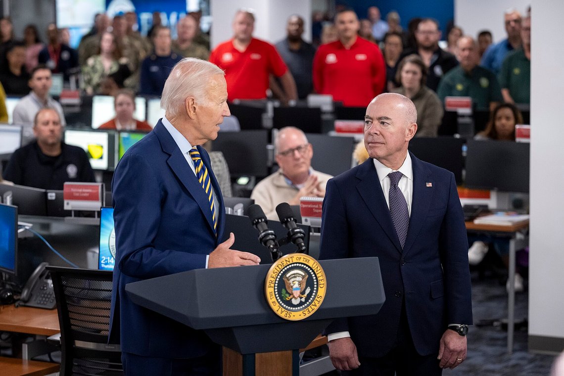 WASHINGTON (August 31, 2023) US President Joe Biden speaks to members of the media while visiting the Federal Emergency Management Agency (FEMA) with Homeland Security Secretary Alejandro Mayorkas, right, In Washington, DC. (DHS photo by Tia Dufour). Photo: Wikimedia Commons. WASHINGTON (August 31, 2023) US President Joe Biden speaks to members of the media while visiting the Federal Emergency Management Agency (FEMA) with Homeland Security Secretary Alejandro Mayorkas, right, In Washington, DC. (DHS photo by Tia Dufour). Photo: Wikimedia Commons.