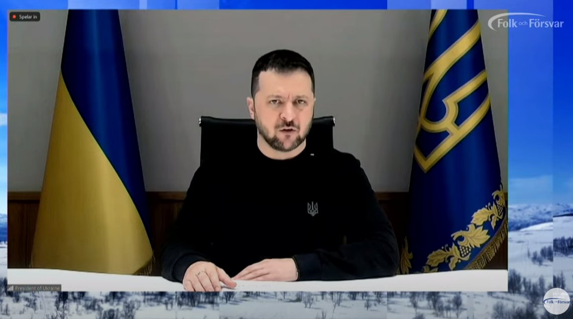 Ukrainas president Volodymyr Zelenskyj åpnet den svenske forsvarskonferansen Folk och Försvar søndag.
Foto: Skjermdump video Folk och Försvar Ukrainas president Volodymyr Zelenskyj åpnet den svenske forsvarskonferansen Folk och Försvar søndag.
Foto: Skjermdump video Folk och Försvar
