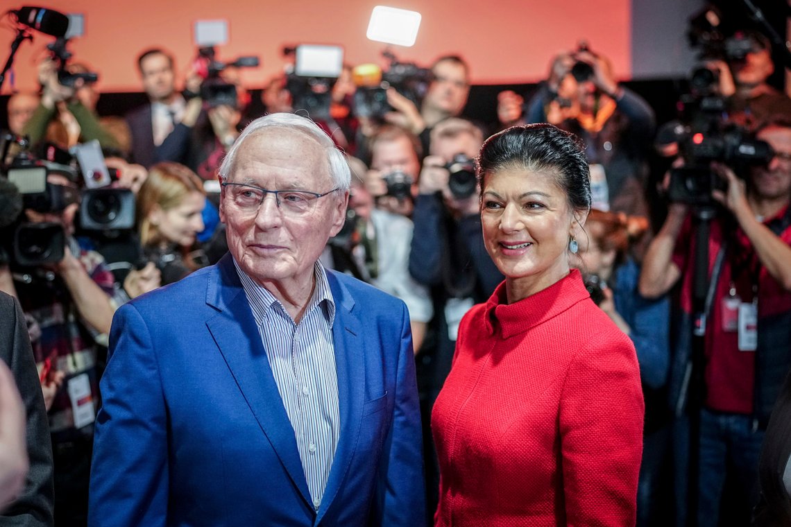 German politicians Sahra Wagenknecht, right and Oskar Lafontaine pose for a photo during the founding conference of the new Wagenknecht party, in Berlin, Saturday, Jan. 27, 2024. The party was officially founded at the beginning of January with around 450 members. (Kay Nietfeld/dpa via AP) German politicians Sahra Wagenknecht, right and Oskar Lafontaine pose for a photo during the founding conference of the new Wagenknecht party, in Berlin, Saturday, Jan. 27, 2024. The party was officially founded at the beginning of January with around 450 members. (Kay Nietfeld/dpa via AP)