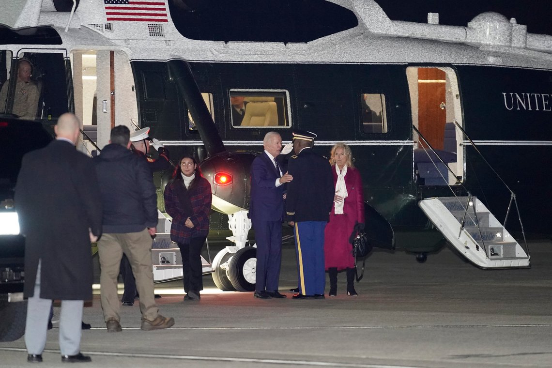 President Joe Biden and first lady Jill Biden greet State Dental Officer Col. Malcolm Murray, as they arrive on Marine One at Delaware Air National Guard Base, in New Castle, Del., Friday, Jan. 5, 2024. (AP Photo/Stephanie Scarbrough) President Joe Biden and first lady Jill Biden greet State Dental Officer Col. Malcolm Murray, as they arrive on Marine One at Delaware Air National Guard Base, in New Castle, Del., Friday, Jan. 5, 2024. (AP Photo/Stephanie Scarbrough)