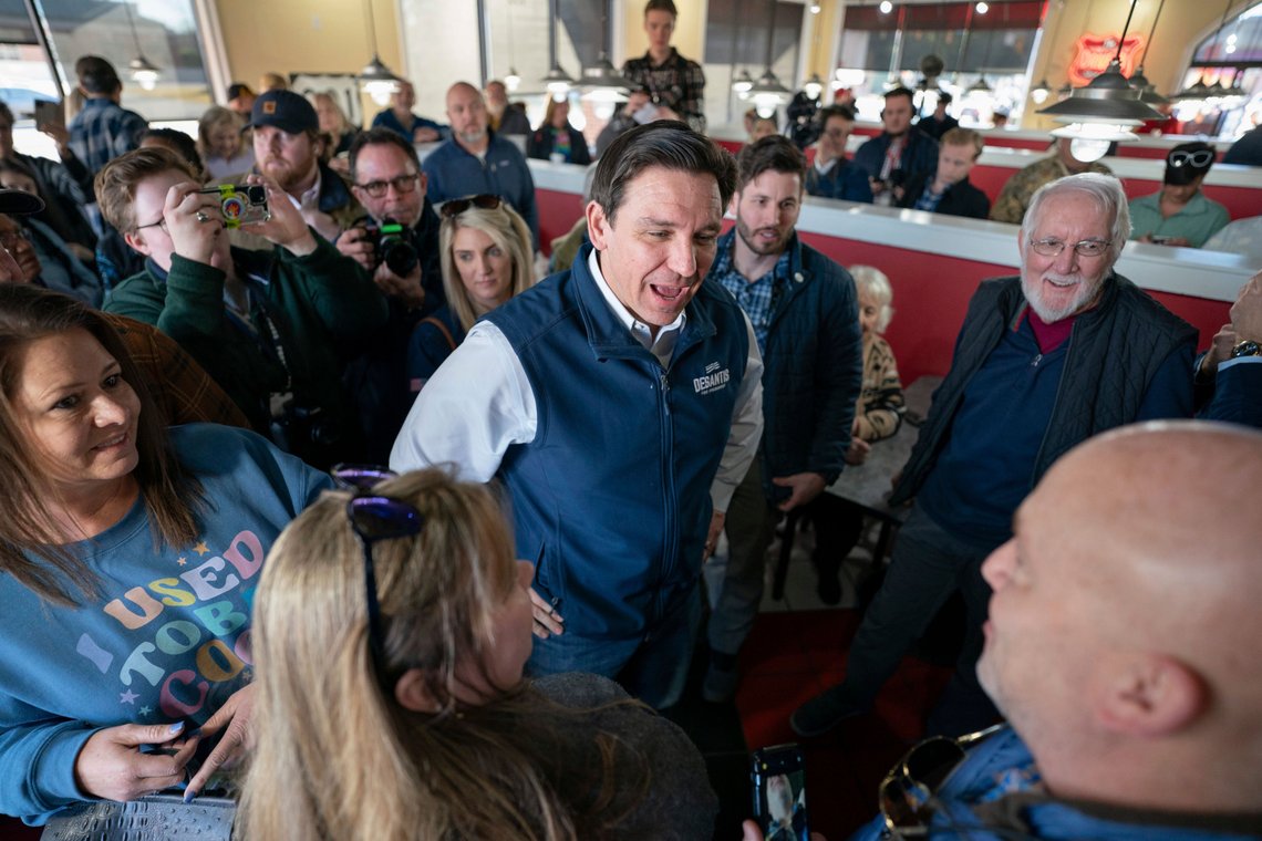 Republican presidential candidate Florida Gov. Ron DeSantis greets people during a campaign event at The Drive-In, Saturday, Jan. 20, 2024, in Florence, S.C. (AP Photo/Sean Rayford) Republican presidential candidate Florida Gov. Ron DeSantis greets people during a campaign event at The Drive-In, Saturday, Jan. 20, 2024, in Florence, S.C. (AP Photo/Sean Rayford)